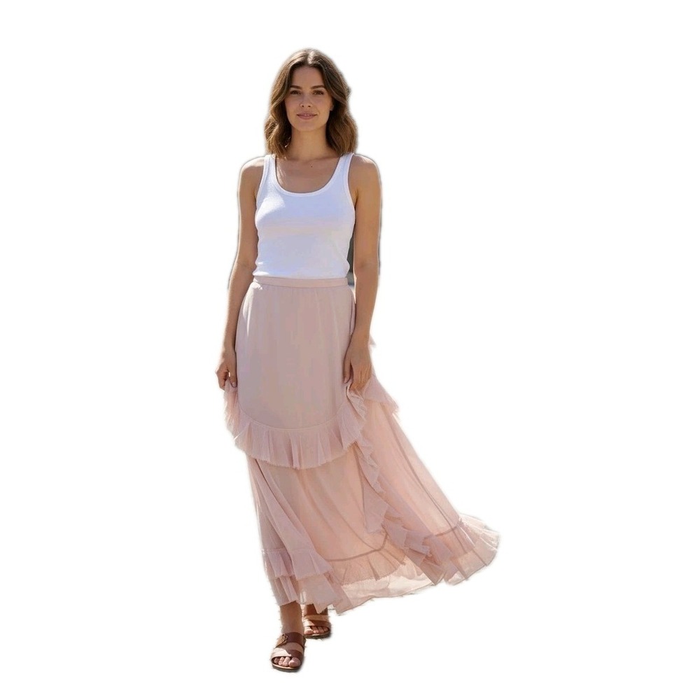 VTG James Coviello Pink 100% Silk Romantic Chiffon Ruffle Skirt Cottagecore 10